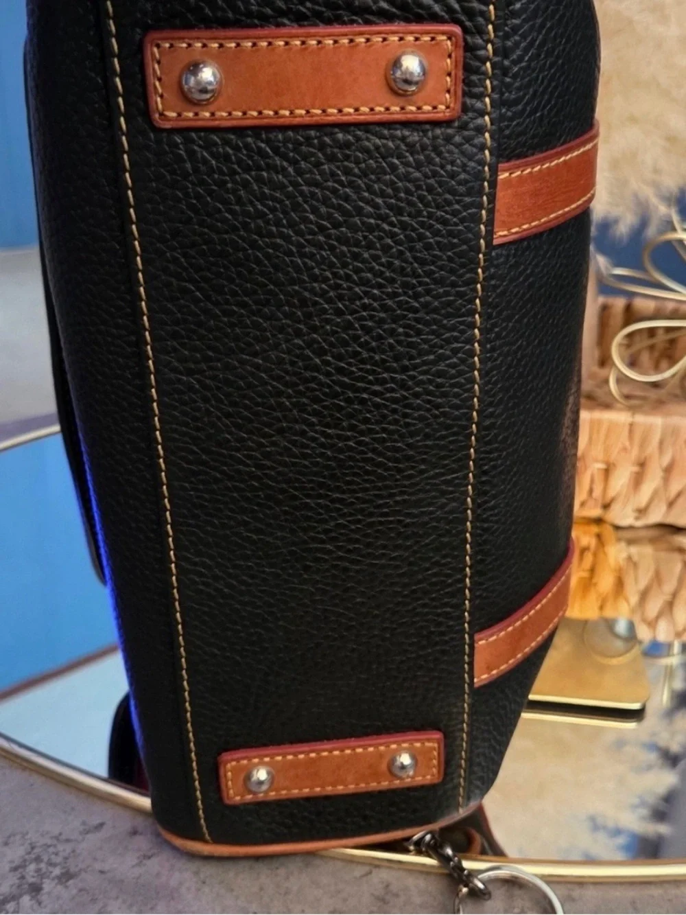 Dooney & Bourke Black Pebbled Leather Tote with Brown Trim